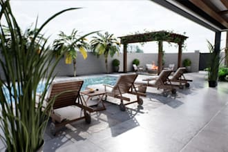 do landscape garden design,  backyard, pool, patio, fireplace and 3d rendering