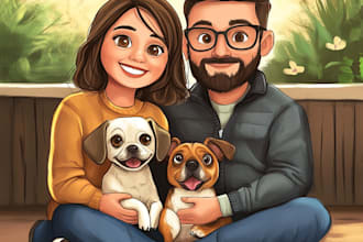 draw couple and family or group portrait into cartoon