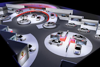 create 3d car booth, car showroom, car dealership, exhibition stand and carpark