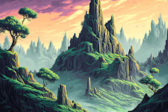 draw detailed digital fantasy landscapes, no ai
