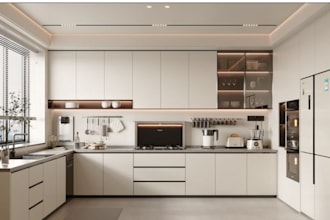 renovate 3d interior apartment,  bedroom model, kitchen, cgi render, back yard