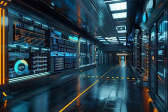 create 3d ai data center, 3d server room, operational room, storage facility