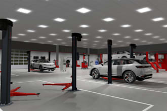 create a stunning 3d carwash, car care, automobile showroom with 3d bike room