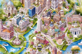create a detailed watercolor map illustration of your city