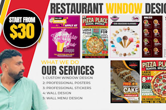 design windows, posters and menu board for the restaurant