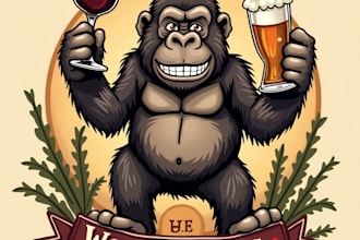 design high quality gorilla wine with beer hand drawing logo for your