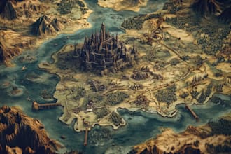 illustrate fantasy map building line art location map