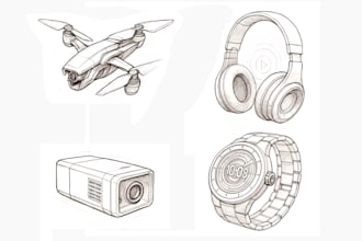 create unique sketch line art of futuristic gadgets