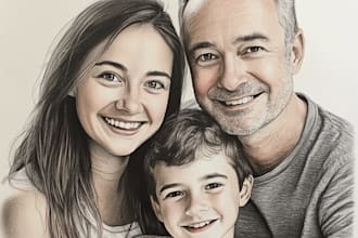 draw realistic family portrait, couple or group from photo