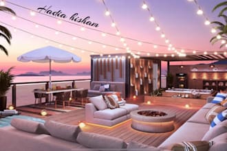 render 3d rooftop design for front and backyard, garden patio, outdoor living