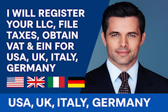 register your llc, file taxes, obtain vat and ein for USA, UK, italy, germany