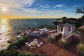 create 3d photorealistic mountain house, 3d penthouse, 3d beach, 3d orogeny