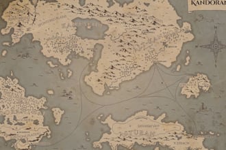 make unique vintage fantasy map, with places and illustrations, for board game