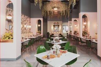renovate commercial space, render restaurant,side patio design,bar,spa visualize