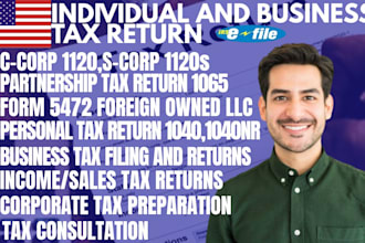 prepare and efile US tax return for individual and business 1040 1120 5472 1065