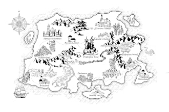 draw a custom fantasy map illustration with castles and forests