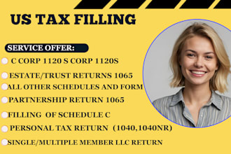 handle your US tax filings form 1040, 1065, 1120, ,and US sales tax returns