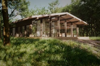 design modern cabin house, exterior render,garden, shipping container,kiosk,skp