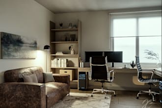 3d home office, gaming room, interior design, furniture placement in cgi model
