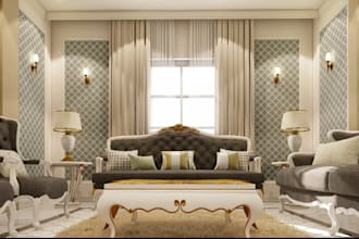 redesign cozy, luxurious sitting room in cgi model, furniture placement, villa