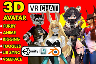 create 2d 3d furry nsfw vrchat avatar, vrc model vseeface and unity vr character
