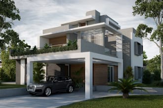 renew 3d exterior bungalow,interior,house elevate,front facade,car park,blender