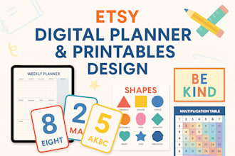 design etsy digital planner, printable flashcards, educational charts, posters