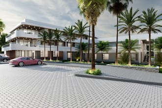 renew 3d exterior commercial building,hotel resort,landscape design,patio render