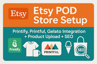 set up etsy pod store, upload products on printify, printful, gelato, etsy seo