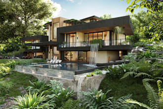 redesign 3d realistic hotel resort,modern villa exterior,forest garden,8k render