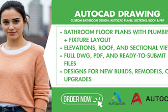 custom bathroom design, autocad plans, sections, roof and PDF