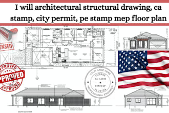 architectural structural drawing, ca stamp, city permit, pe stamp mep floor plan