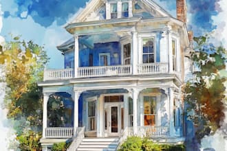 paint custom digital watercolor house, building portra