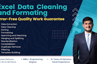 do ms excel data cleaning and formatting, merging, splitting, sorting, deduping