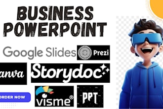 design a business presentation or pitch deck in canva, powerpoint or prezi