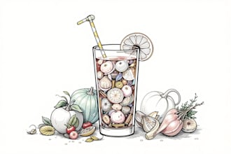 draw food, drink, fruit, vegetables illustration