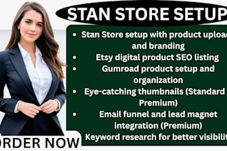 set up stan store etsy digital product  SEO listing upload product gumroad