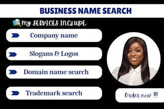 create catchy business name, company name, domain slogan, do trademark research