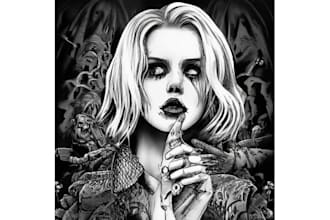 draw badass horror, creepy, gore and dark art in vintage comic style