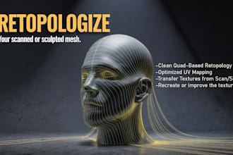 do clean quad retopology, uv mapping and texture from scans