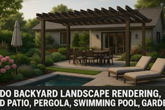 do backyard landscape rendering, 3d patio, pergola swimming pool, garden design
