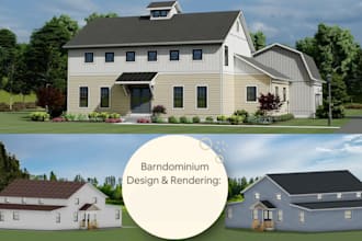 design or renovate 3d photorealistic barndominium, pole barn house an tiny house