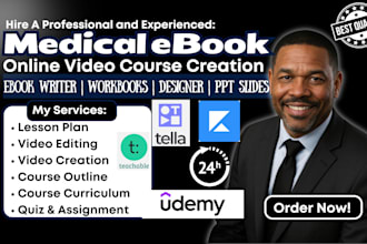 create medical ebook, online course, video course, workbook, webinar slides, PPT