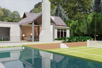 renovate modern house exterior, garden, porch, balcony, pool and fireplace