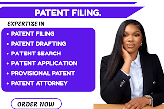 patent search, draft, drawings, filing for utility, design and provisional