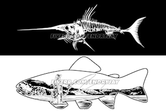 design monochrome fish hunting illustration for logo t shirt