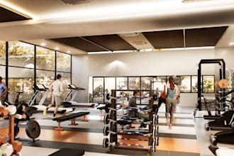 refurnish 3d fitness studio with gym equipment,training facility, reception area