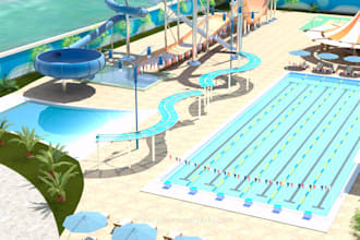 create stunning 3d amusement park, swimming pool, water park and garden design