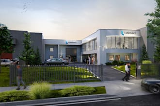 architecture render of engineer company HQ,logo mockup design,interior,exterior