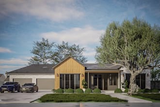 create estate house elevation,roof line,french door,car garage, clean landscape